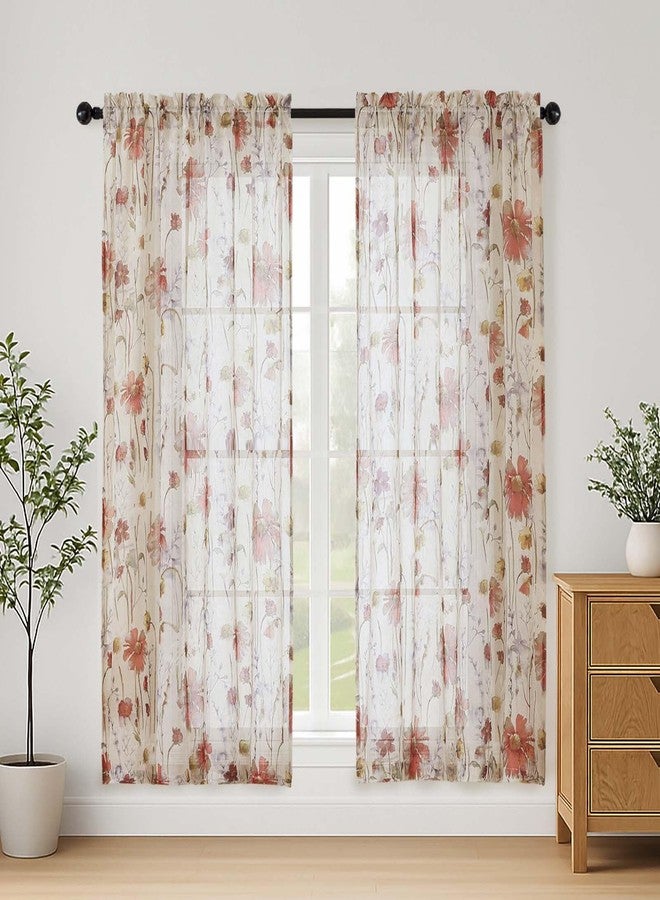 Lecloud ستائر لي كلاود الشفافة المجعدة، طول 63 بوصة، لوحتان، ستائر مطبوعة بنقوش زهور شبه شفافة لغرفة النوم، ستائر ريفية رومانسية بجيب للعمود، مناسبة لغرفة المعيشة أو غرفة الفتيات، عرض 42 بوصة × طول 63 بوصة - Image 1