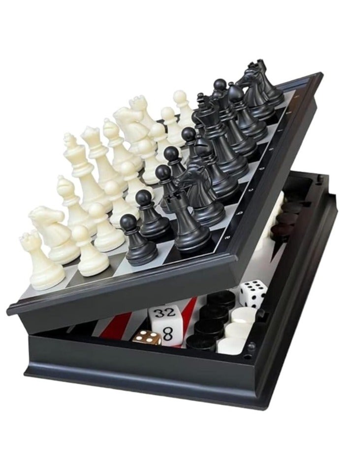 مجموعة ألعاب الشطرنج المغناطيسية والداما والطاولة - مجموعة ألعاب لوحية 3 في 1، قابلة للطي والحمل 25 سم، مثالية للسفر - Image 1