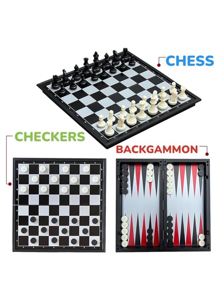 مجموعة ألعاب الشطرنج المغناطيسية والداما والطاولة - مجموعة ألعاب لوحية 3 في 1، قابلة للطي والحمل 25 سم، مثالية للسفر - Image 2