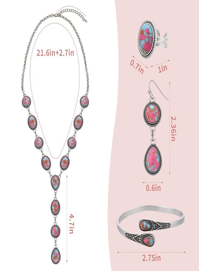 JMScape 4 PCS Western Turquoise Jewelry for Women Boho Vintage Navajo Pearl Necklace Earring Bracelet Ring Set Country Cowgirl Accessories for Gift, Large, Metal, Turquoise - Image 5