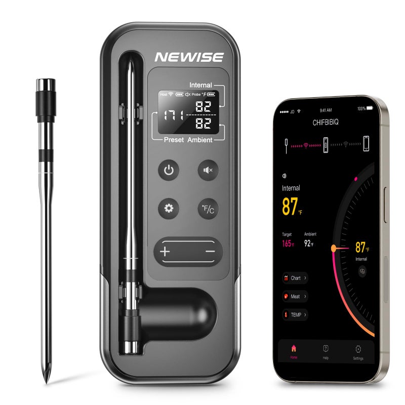 Newise Bluetooth Meat Thermometer with Smart APP, 800FT Wireless Range & LCD Base, Rechargeable Probe, Digital Food Thermometer for BBQ, Grill, Birthday Gifts for Him Men Dad - Image 1