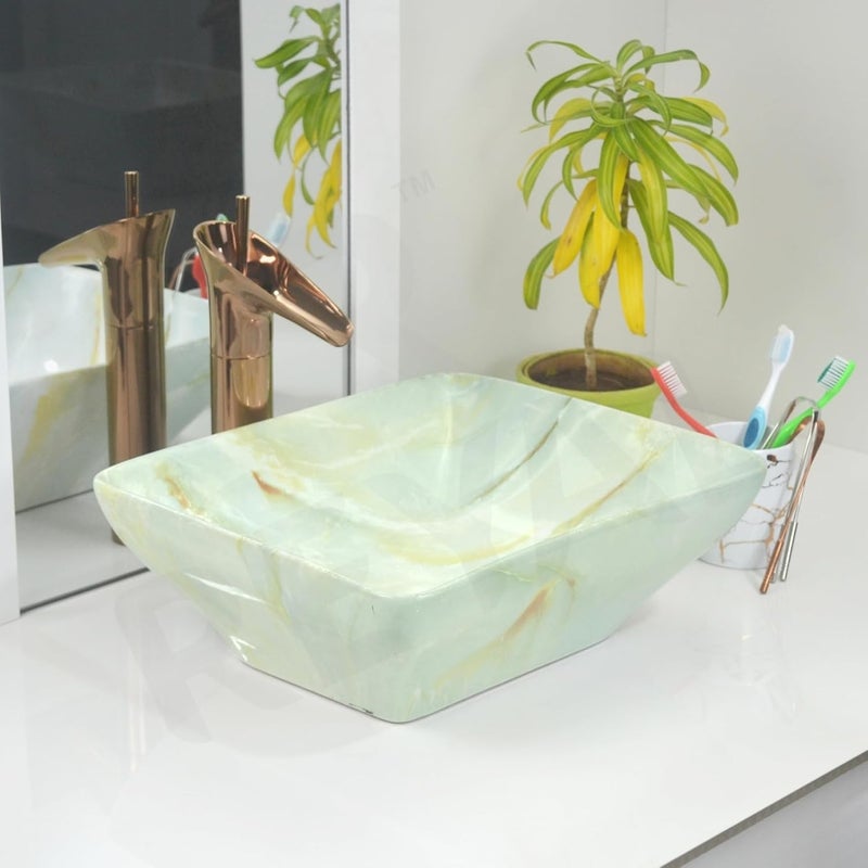 Reyal Imported Wash basin for Bathroom Size 13 x 15x 55 Table Top Basin Wash Basin over counter Wash Basin only Vessel Sink Cloudy Green - Image 1