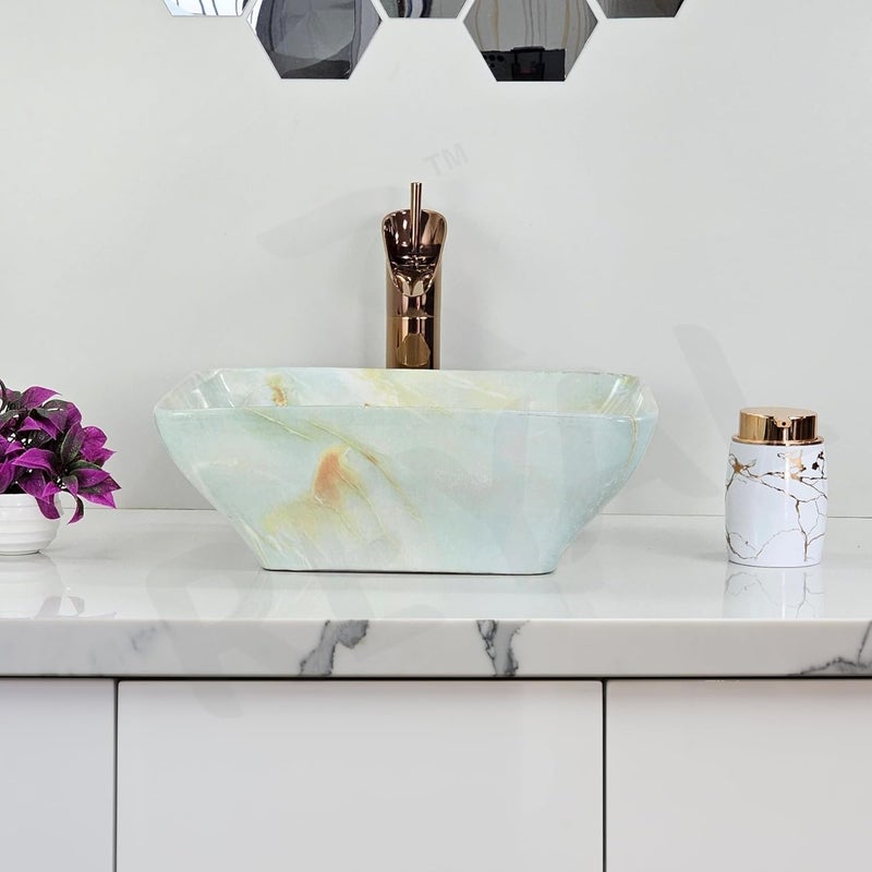 Reyal Imported Wash basin for Bathroom Size 13 x 15x 55 Table Top Basin Wash Basin over counter Wash Basin only Vessel Sink Cloudy Green - Image 4