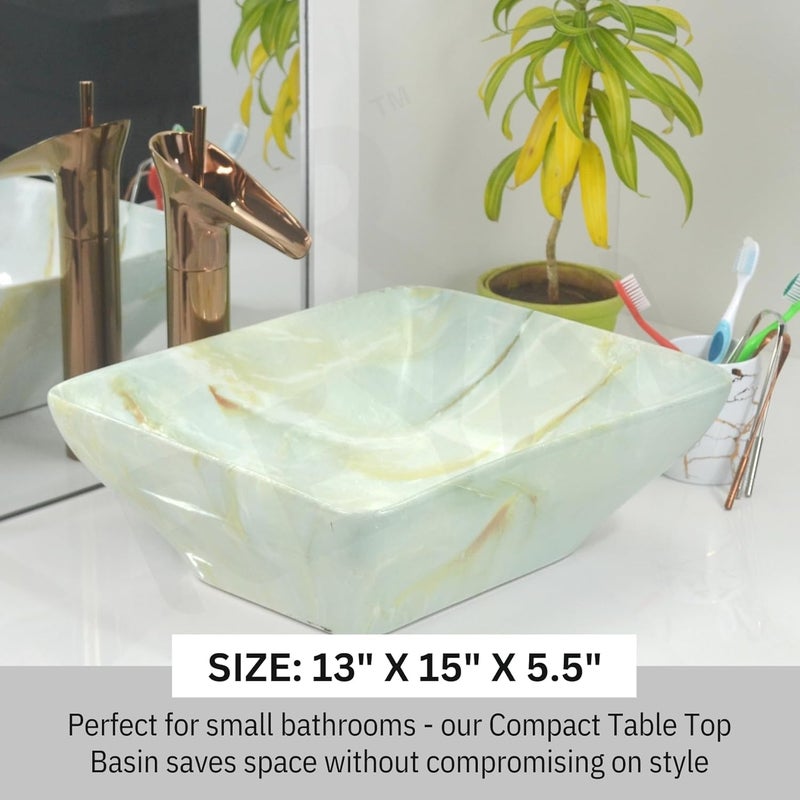Reyal Imported Wash basin for Bathroom Size 13 x 15x 55 Table Top Basin Wash Basin over counter Wash Basin only Vessel Sink Cloudy Green - Image 2