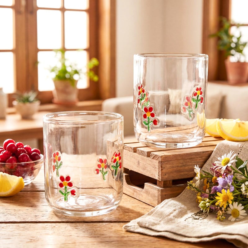 Skylety 2 Pcs Flower Icon Juice Glasses 14 oz Spring Stemless Wine Drinking Juice Glass Cups Old Fashioned Blown Cocktail Cups for Women Holiday Party Birthday Gifts - Image 3