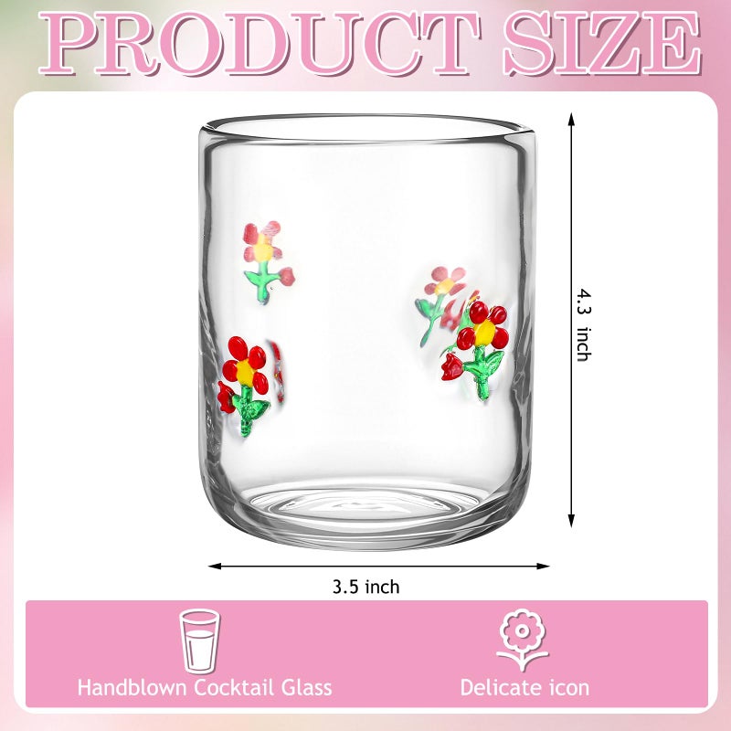 Skylety 2 Pcs Flower Icon Juice Glasses 14 oz Spring Stemless Wine Drinking Juice Glass Cups Old Fashioned Blown Cocktail Cups for Women Holiday Party Birthday Gifts - Image 2