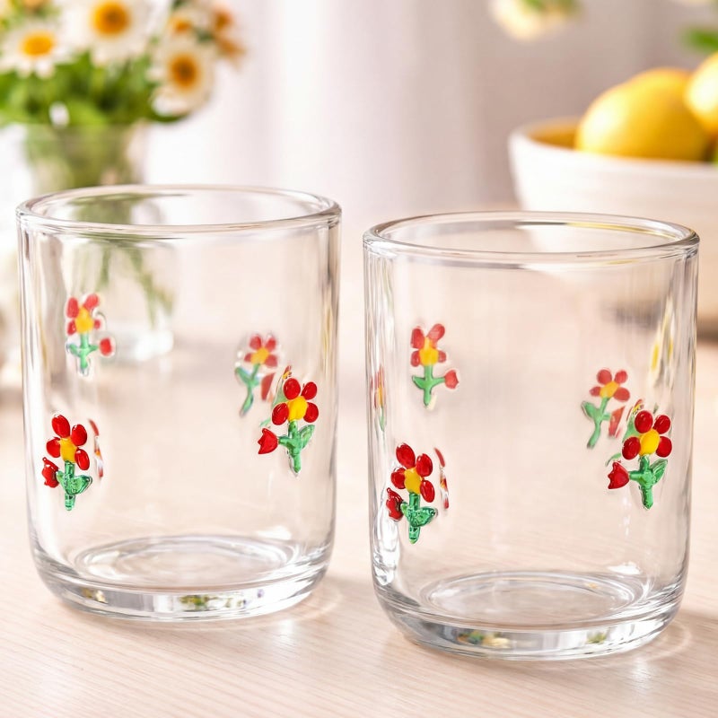 Skylety 2 Pcs Flower Icon Juice Glasses 14 oz Spring Stemless Wine Drinking Juice Glass Cups Old Fashioned Blown Cocktail Cups for Women Holiday Party Birthday Gifts - Image 1