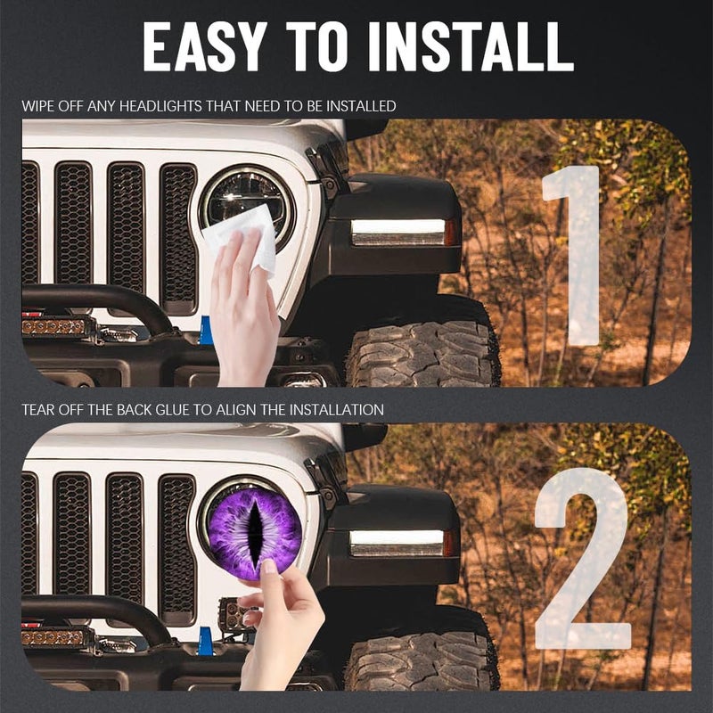 PACLVIO 2PCS Beast Eyes Headlight Decals, 3D Stereo Eyes Headlight Decal Stickers, Car Body Window Bumper Decoration Stickers, Car Accessories Round Headlight Decal for Jeep Wrangler (Purple) - Image 4
