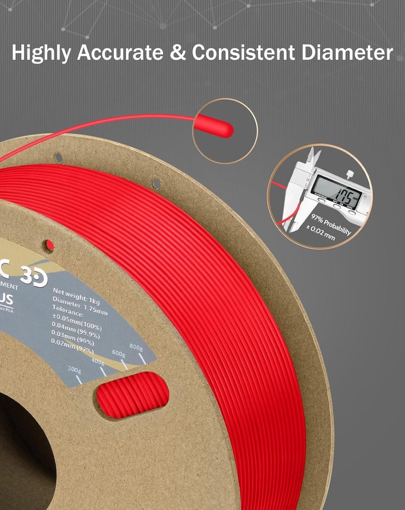 DURAMIC 3D PLA+ Filament 1.75mm 1Kg Rouge Red, PLA Plus Filament 1Kg Spool(2.2lbs) Tougher and Stronger, Dimensional Accuracy Probability +/- 0.02mm - Image 3