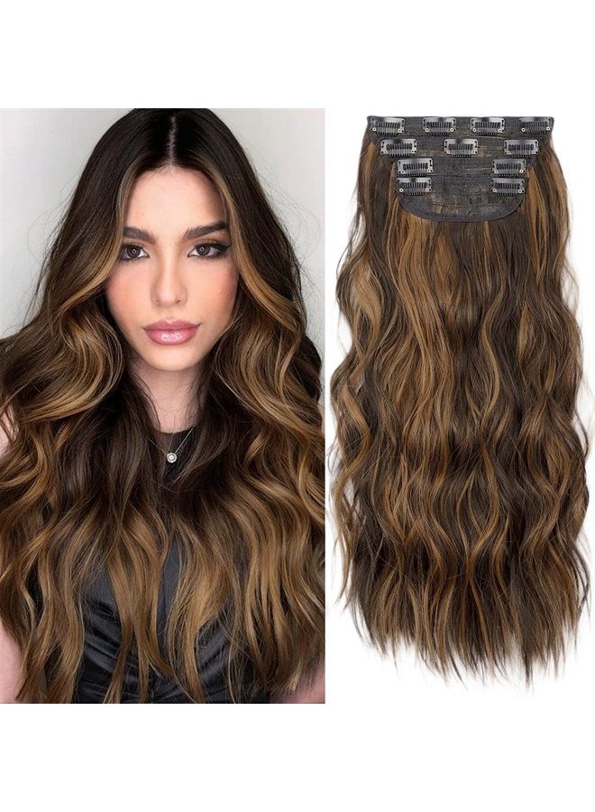 KooKaStyle Clip in Synthetic Hair Extensions Long Wavy 4PCS Thick Hairpieces Balayage Dark Brown to Chestnut Fiber Double Weft Natural Hair Extensions 16 Inch for Women - Image 1