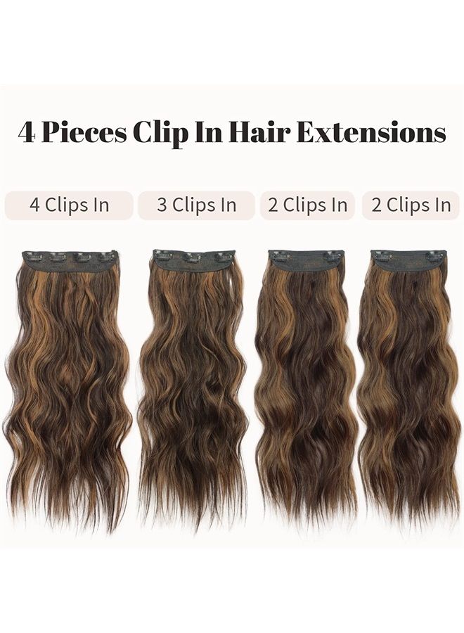 KooKaStyle Clip in Synthetic Hair Extensions Long Wavy 4PCS Thick Hairpieces Balayage Dark Brown to Chestnut Fiber Double Weft Natural Hair Extensions 16 Inch for Women - Image 3