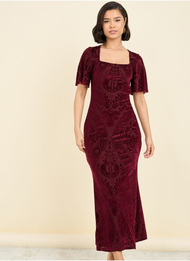 Styli - Velvet Jacquard Print Mermaid Midi Dress - Image 1