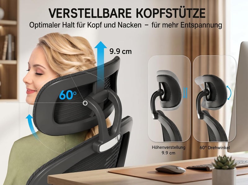 TRALT Ergonomic Office Chair, Desk Chair with Adjustable Headrest, Height-Adjustable Office Chair, Gaming Chair, Office Chair, Ergonomic Desk Chair, 150 kg for Long Time, Black - Image 3