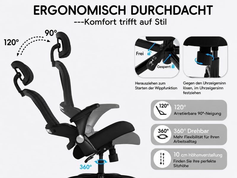 TRALT Ergonomic Office Chair, Desk Chair with Adjustable Headrest, Height-Adjustable Office Chair, Gaming Chair, Office Chair, Ergonomic Desk Chair, 150 kg for Long Time, Black - Image 4