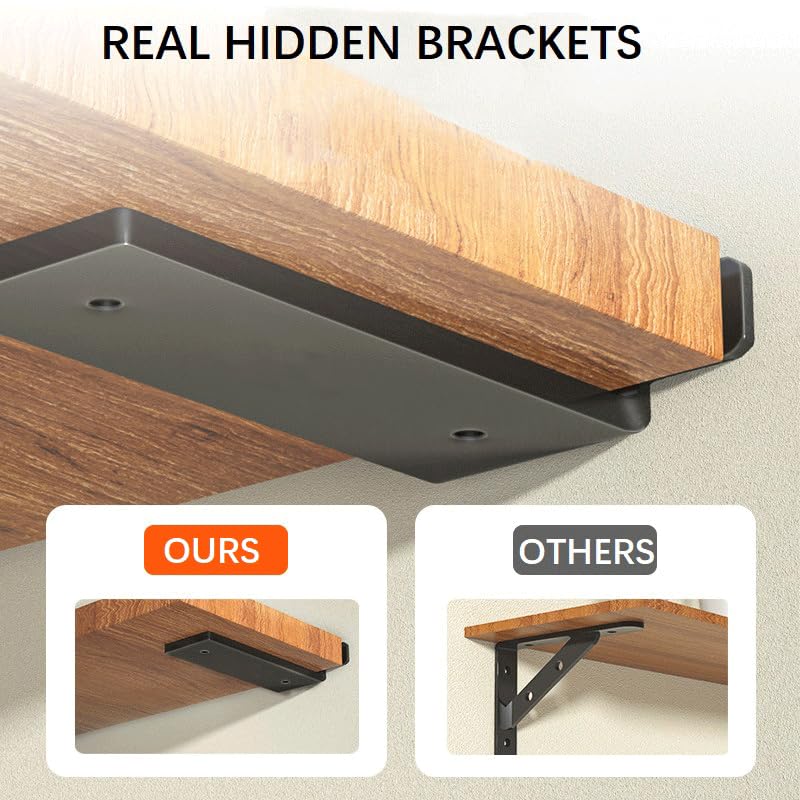 Wengus Floating Shelf Bracket 12 inch Black Metal Wall Brackets for Shelves 4 Pack Hidden Floating Shelves Brackets for Kitchen Bathroom Floating Shelves Support - Image 2