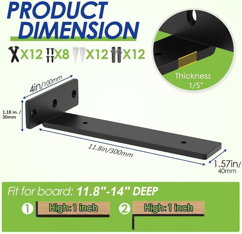 Wengus Floating Shelf Bracket 12 inch Black Metal Wall Brackets for Shelves 4 Pack Hidden Floating Shelves Brackets for Kitchen Bathroom Floating Shelves Support - Image 3