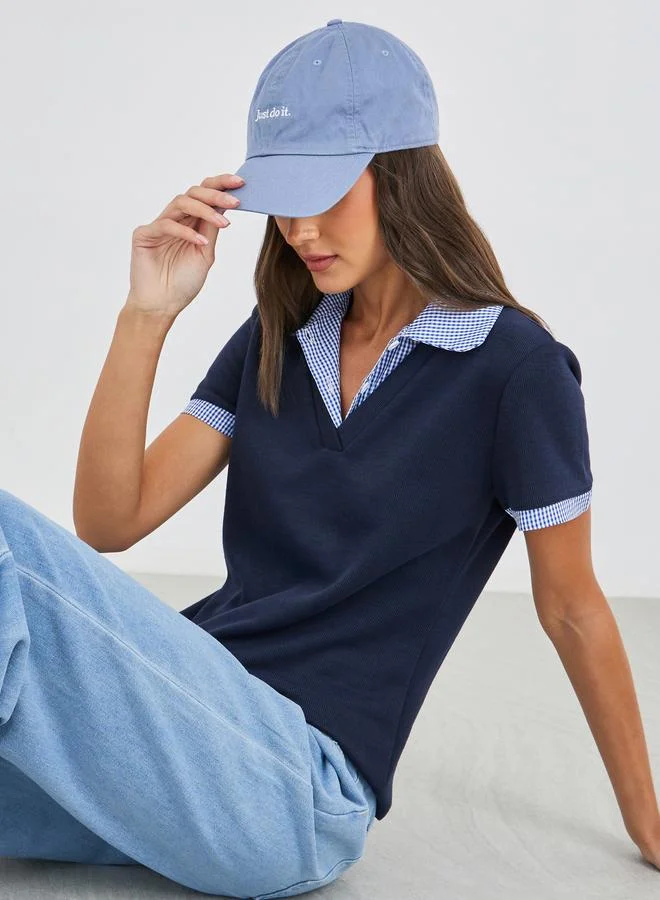 ستايلي Styli Gingham Print Collar Knitted Short Sleeve Top