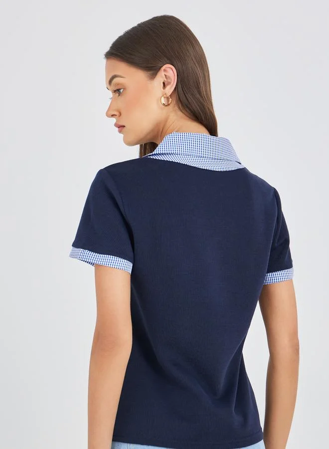Styli Styli Gingham Print Collar Knitted Short Sleeve Top