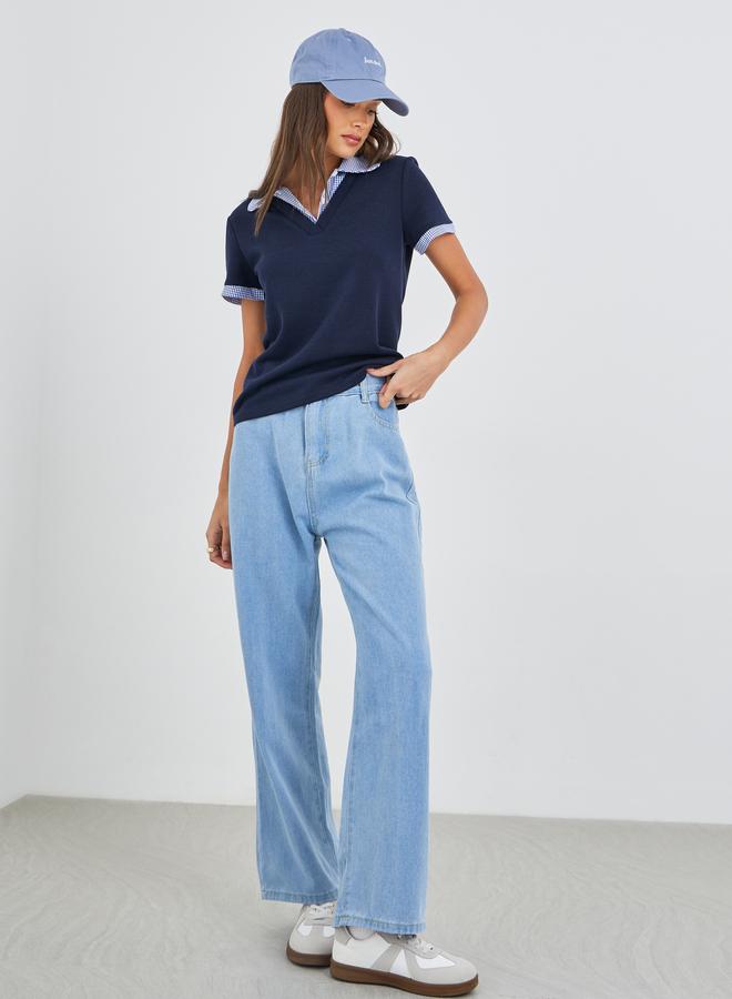 ستايلي بلوزة قصيرة بأكمام قصيرة وياقة مربعات من قماش الجينغهام - Image 2