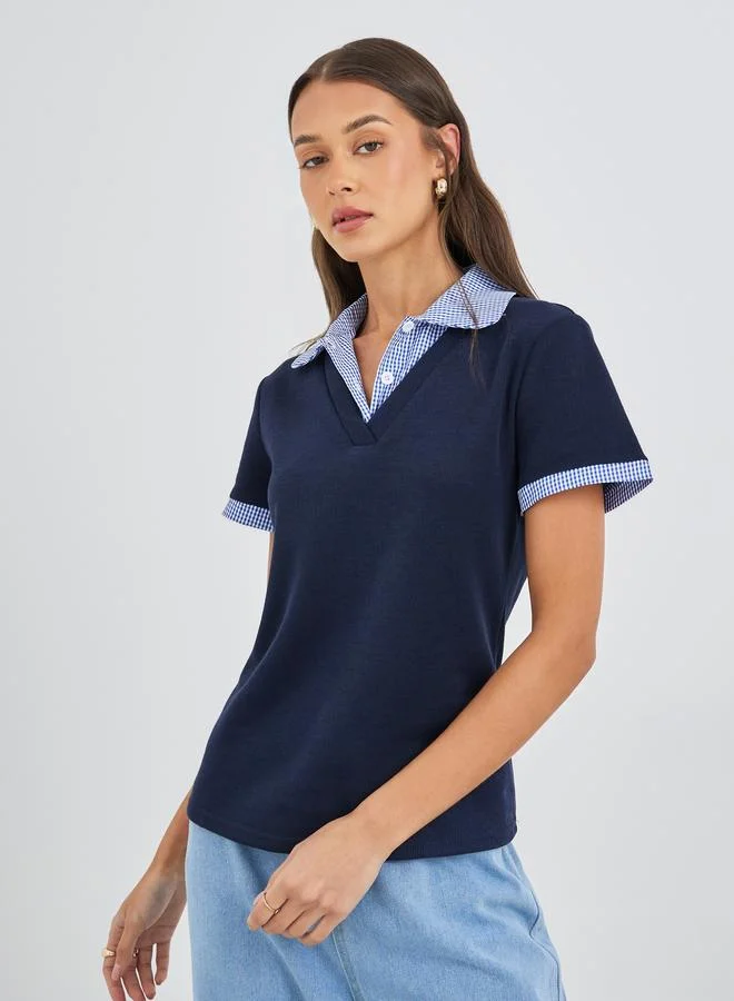 Styli Gingham Print Collar Knitted Short Sleeve Top