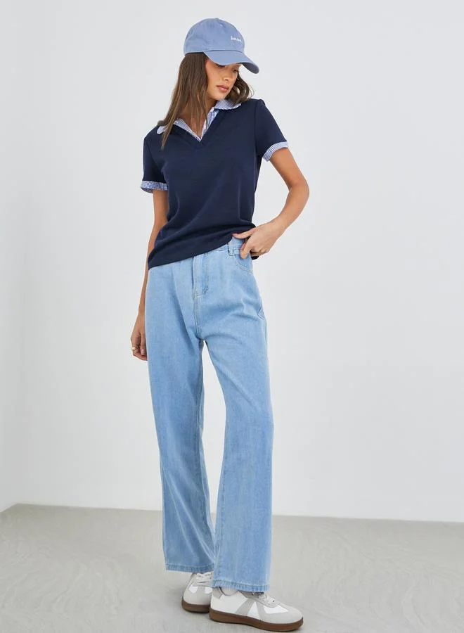 Styli Gingham Print Collar Knitted Short Sleeve Top