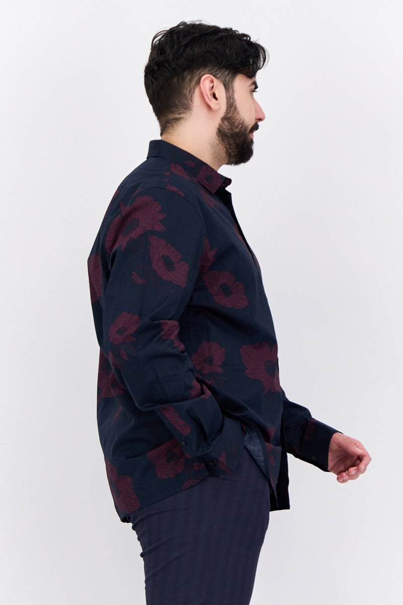 PERRY ELLIS Men Stretch Fit Floral Pattern Long Sleeves Casual Shirt, Navy - Image 2