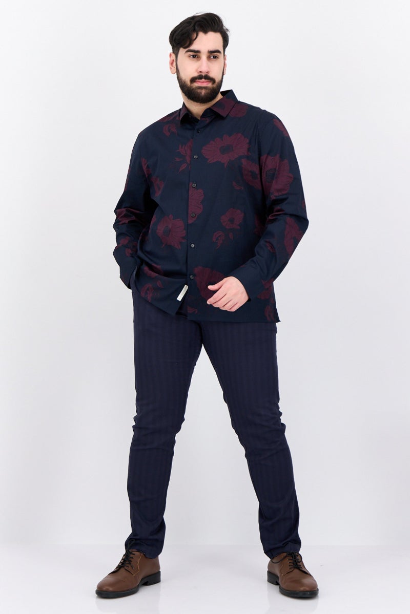 PERRY ELLIS Men Stretch Fit Floral Pattern Long Sleeves Casual Shirt, Navy - Image 4