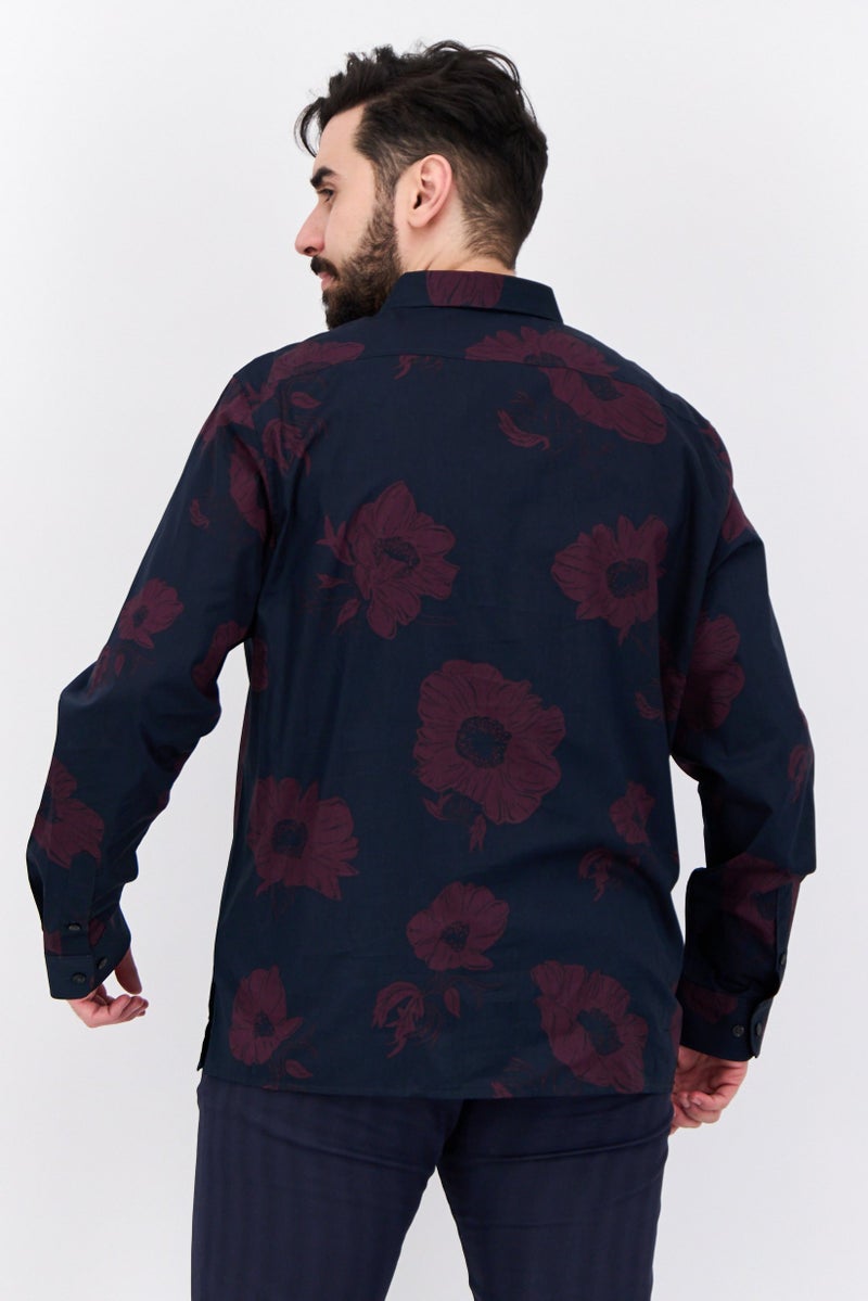PERRY ELLIS Men Stretch Fit Floral Pattern Long Sleeves Casual Shirt, Navy - Image 3