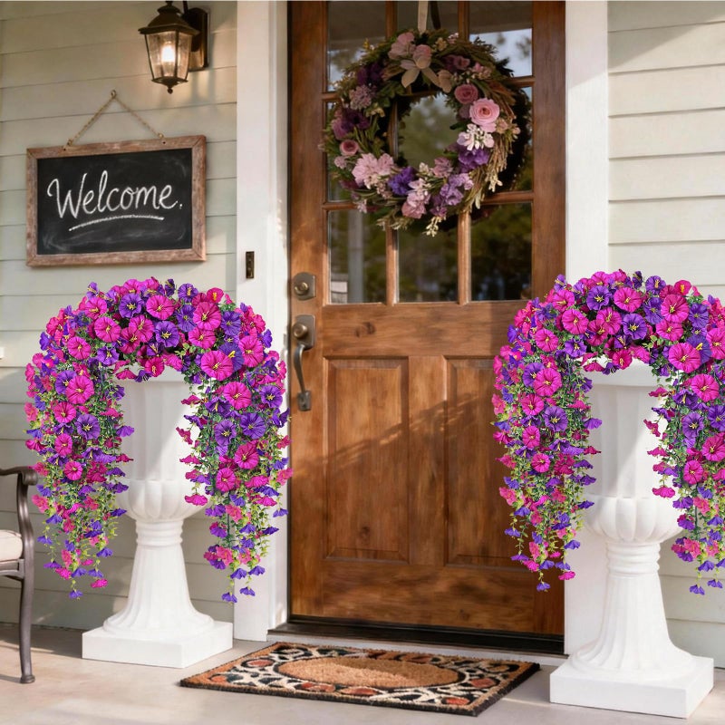 Julako Artificial Hanging Flowers for Outdoors, 2 PCS 300 Blooms UV Resistant Morning Glory Faux Silk Vines, No-Odor Realistic Fake Plants for Garden Planter Porch Patio Decoration, Fuchsia & LightPurple - Image 5