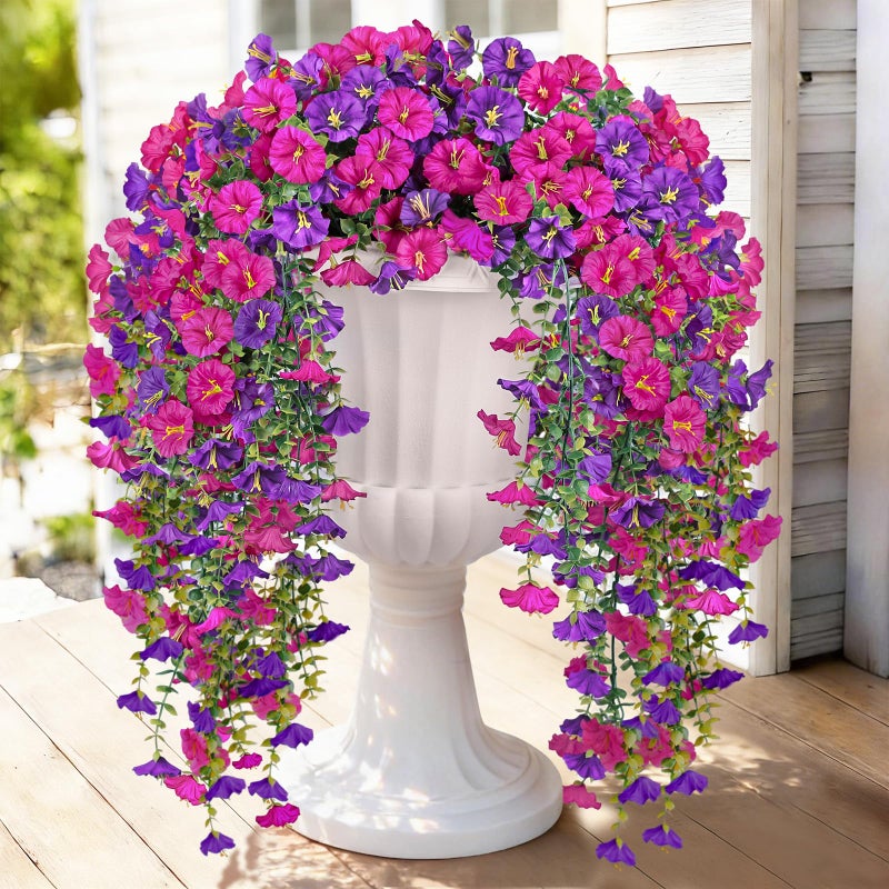 Julako Artificial Hanging Flowers for Outdoors, 2 PCS 300 Blooms UV Resistant Morning Glory Faux Silk Vines, No-Odor Realistic Fake Plants for Garden Planter Porch Patio Decoration, Fuchsia & LightPurple - Image 1