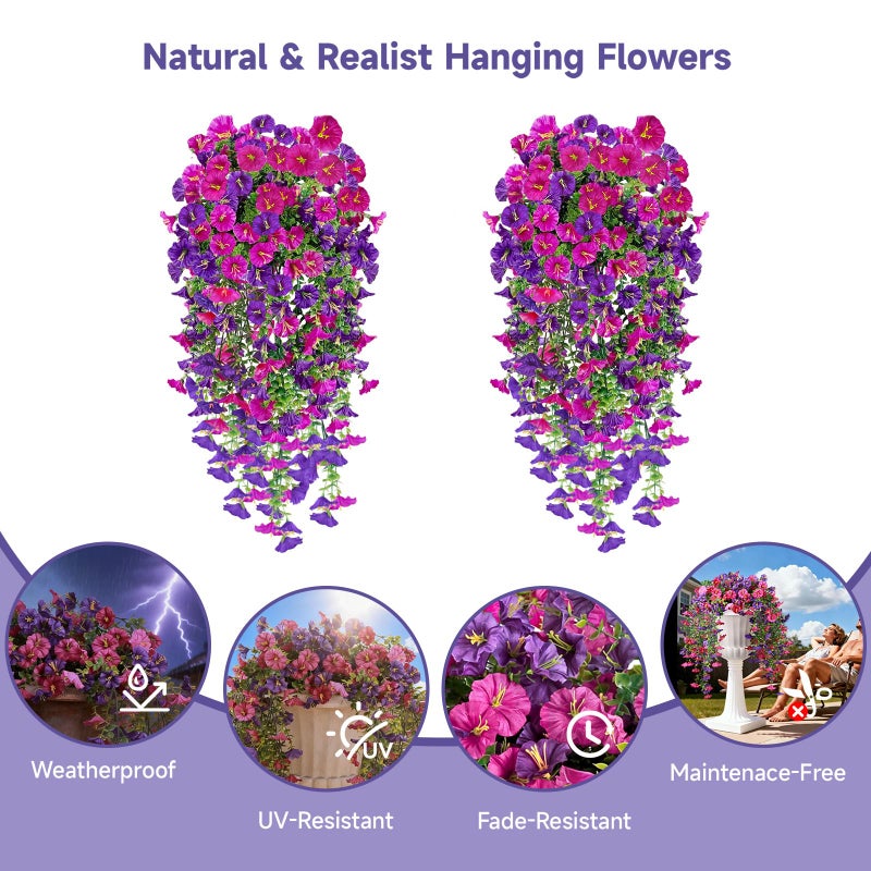 Julako Artificial Hanging Flowers for Outdoors, 2 PCS 300 Blooms UV Resistant Morning Glory Faux Silk Vines, No-Odor Realistic Fake Plants for Garden Planter Porch Patio Decoration, Fuchsia & LightPurple - Image 2