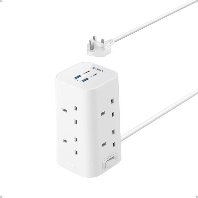 Anker Tower Extension Lead with USB Slots, 12-in-1 Surge Protector Plug Extension Socket with Switch (13A, 2990W), 20W USB C Fast Charging Power Strip, 8 AC Outlets, 4 USB Ports, 2m Extension Cable - Image 1