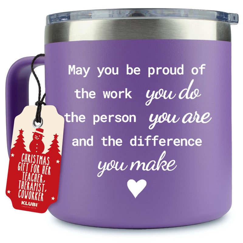KLUBI May You Be Proud Of The Work You Do Therapists Gifts for Women 14 Ounce Tumbler Purple Mug Gifts for Therapists Female Thank You Gift for Women Cute Employee Appreciation Gift for Coworkers