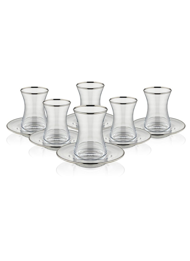 BLACKSTONE - Istikana Silver Rim Tea Cup and Saucer 12pc Set Tea Service 6x Cups (100ml) with 6x Saucers - Image 1