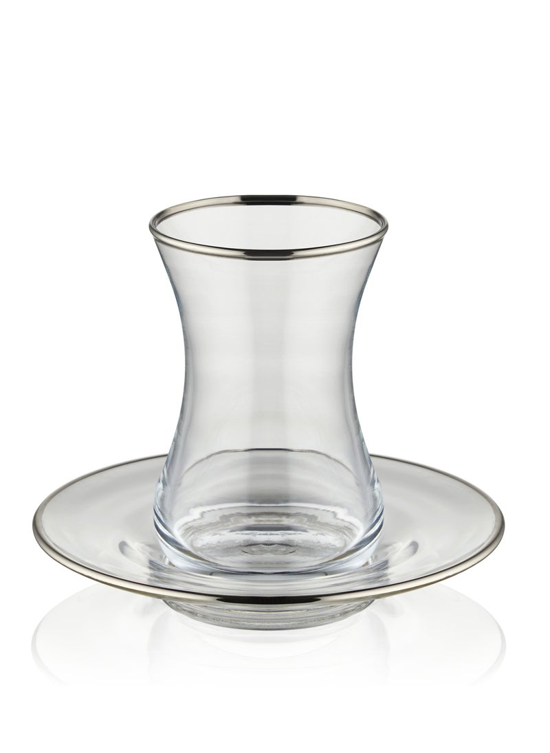 BLACKSTONE - Istikana Silver Rim Tea Cup and Saucer 12pc Set Tea Service 6x Cups (100ml) with 6x Saucers - Image 1