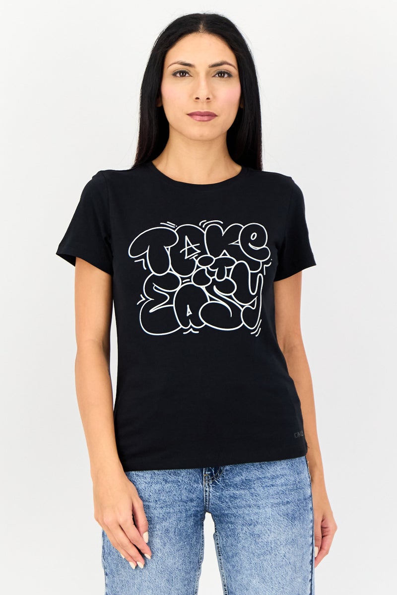 ONLY Women Crew Neck Short Sleeve Graphic Print T-Shirt, Black - Image 1