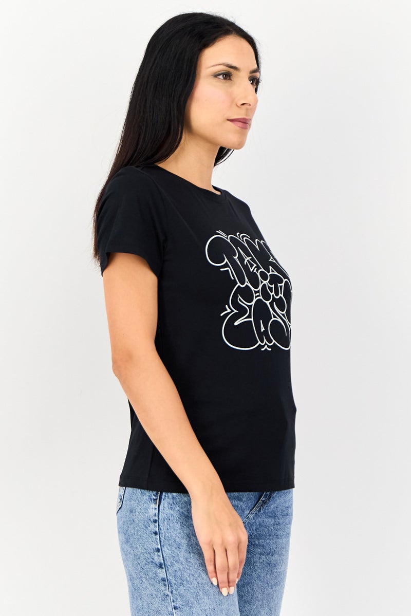 ONLY Women Crew Neck Short Sleeve Graphic Print T-Shirt, Black - Image 2