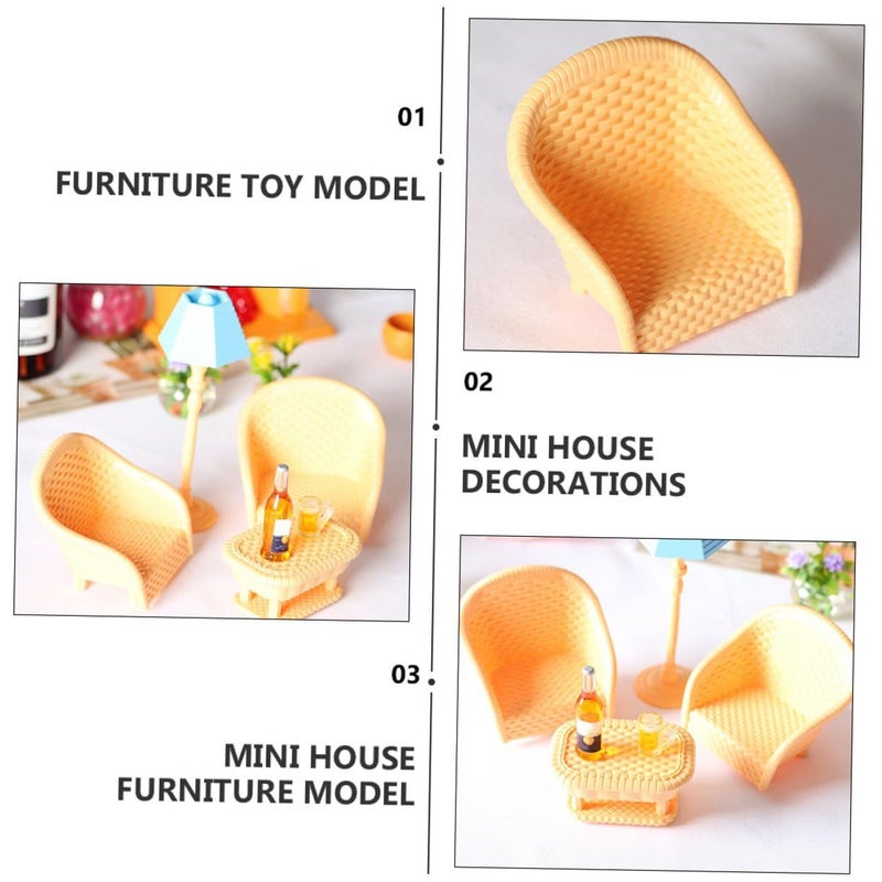 Miniature Rattan Armchair Furniture Set 3pcs Dollhouse Living Room Scene Props - Image 5