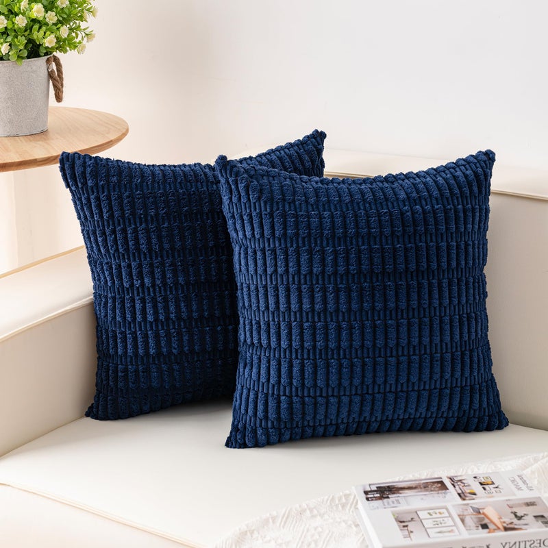 Aegero Pack of 2 Corduroy Decorative Throw Pillow Covers 18x18 InchSoft Boho Striped Pillow Covers Modern Farmhouse Home Decor for Sofa Living Room Couch Bedï¼ˆBlueï¼‰ - Image 1