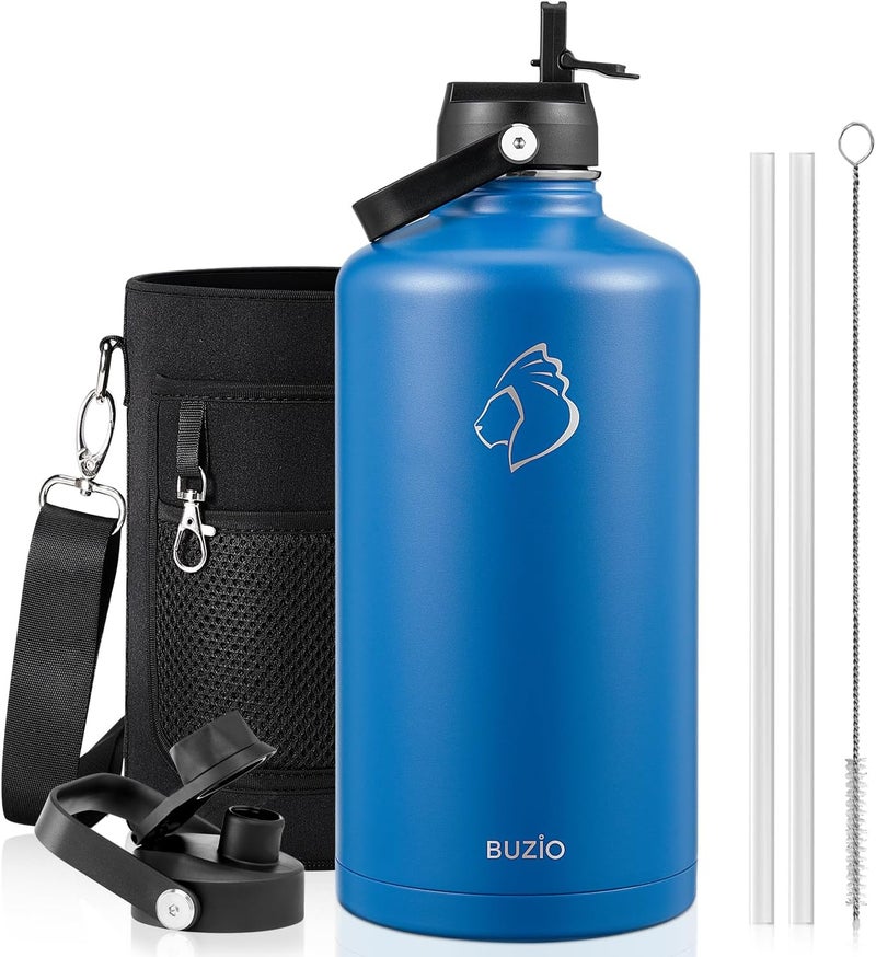 BUZIO 1 Gallon Water Bottle Insulated, 128 oz Large Water Jug Vacuum Stainless Steel Big Metal Flask (Cold for 48 Hrs), Leak Proof & BPA-Free, with Straw and Spout Lids, Blue - Image 1