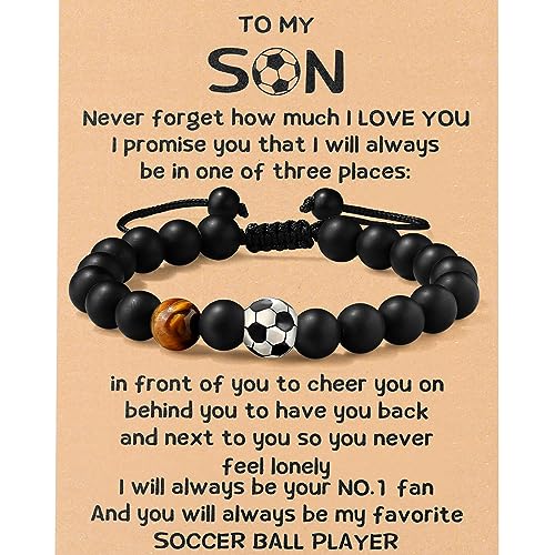 MIXJOY Soccer Gifts for Teen Son Age 8-12 12-16, To My Son Soccer Bead Black Braided Bracelet Gifts, Soccer Player Son Gifts, Graduation Birthday Christmas Gifts for Soccer Lover Son - Image 1