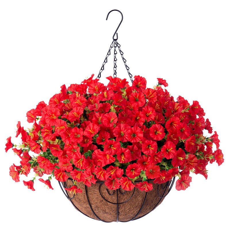 Ivydale Artificial Faux Hanging Flowers Plants Baskets for Outdoors Outside Spring Decoration Fake Silk Red Morning Glory UV Resistant Look Real for Front Door Porch Patio Balcony Yard Garden Home