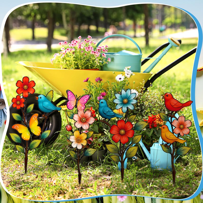 Otoolling 4 Pack Metal Flowers Outdoor Decor Spring Garden Stakes for Outside 15'' Decorative Colorful Flowers Birds Butterfly Yard Art Rust Proof Plant Sticks for Yard Lawn Pathway Patio Outside Walkway - Image 5
