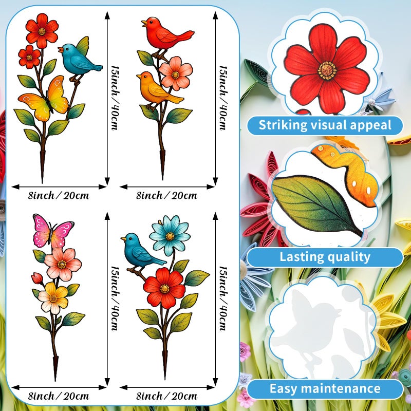 Otoolling 4 Pack Metal Flowers Outdoor Decor Spring Garden Stakes for Outside 15'' Decorative Colorful Flowers Birds Butterfly Yard Art Rust Proof Plant Sticks for Yard Lawn Pathway Patio Outside Walkway - Image 3