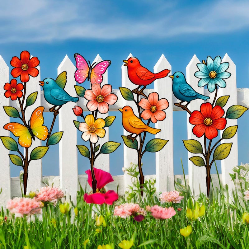 Otoolling 4 Pack Metal Flowers Outdoor Decor Spring Garden Stakes for Outside 15'' Decorative Colorful Flowers Birds Butterfly Yard Art Rust Proof Plant Sticks for Yard Lawn Pathway Patio Outside Walkway - Image 2