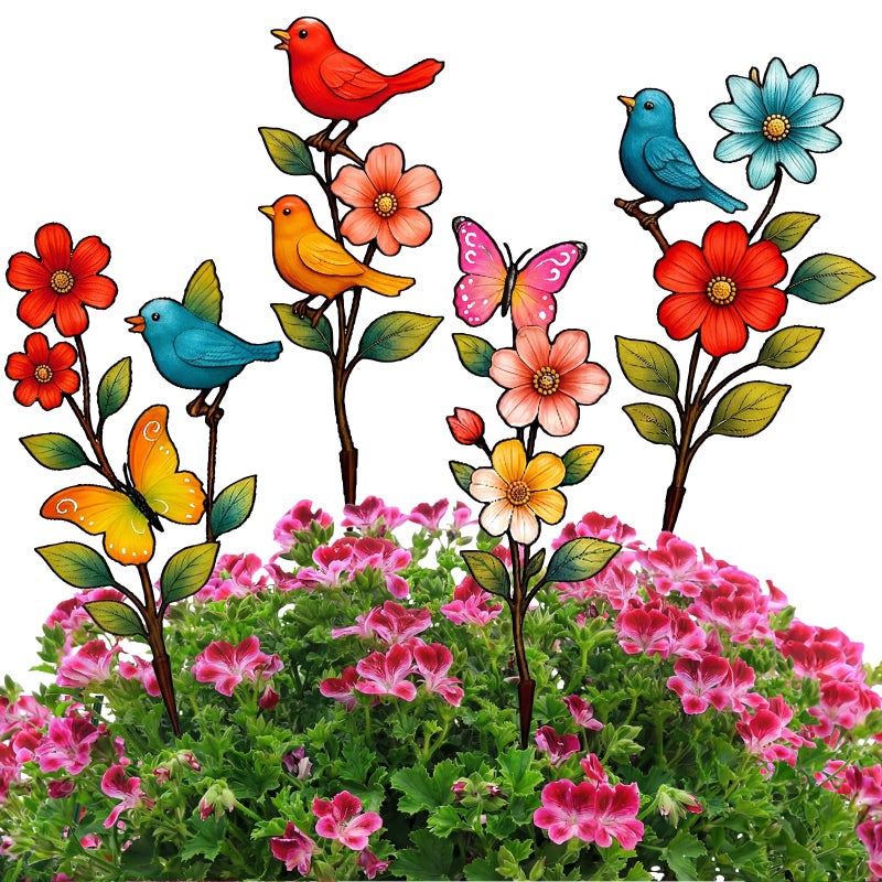 Otoolling 4 Pack Metal Flowers Outdoor Decor Spring Garden Stakes for Outside 15'' Decorative Colorful Flowers Birds Butterfly Yard Art Rust Proof Plant Sticks for Yard Lawn Pathway Patio Outside Walkway - Image 1