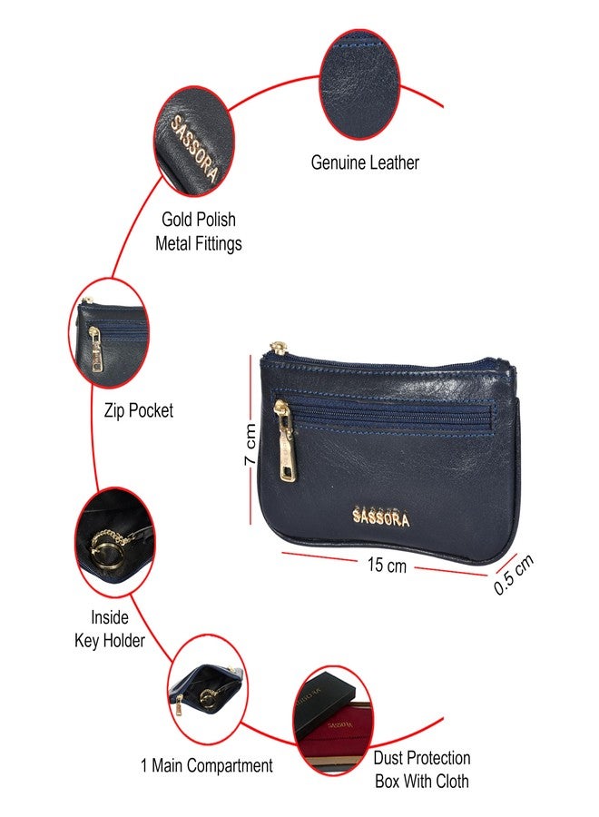 Sassora Premium Genuine Leather Small Unisex Key Case Pouch (Navy) - Image 4