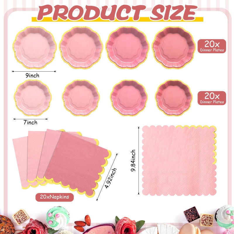 Vesici 60 Pcs Pink Party Plates with Napkins 9 Inch 7 Inch Paper Plates and Disposable Napkins with Gold Foil Border for Bridal Baby Shower Tea Birthday Wedding Party Supplies - Image 3