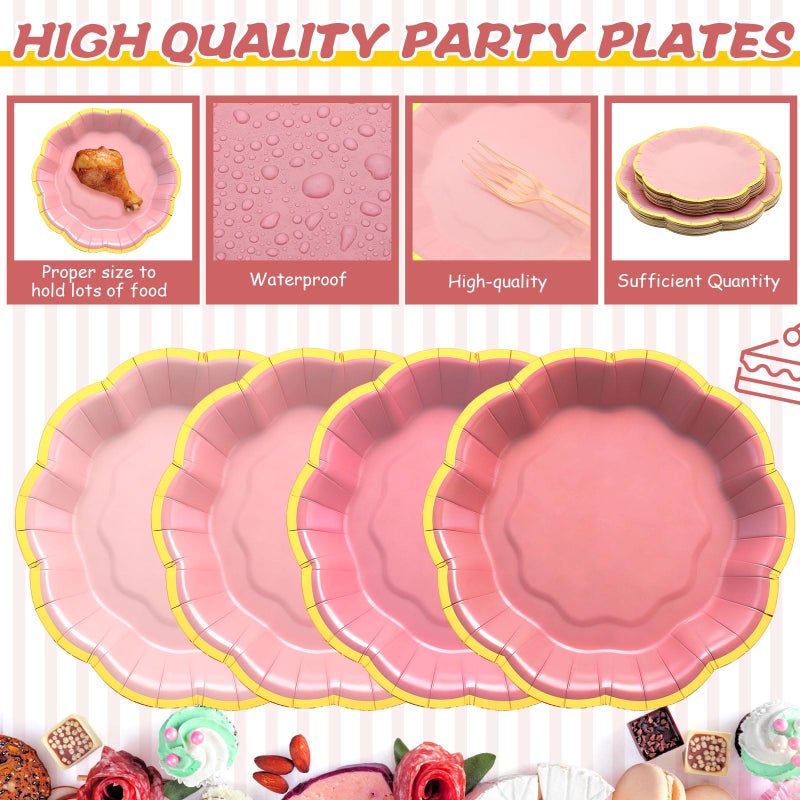 Vesici 60 Pcs Pink Party Plates with Napkins 9 Inch 7 Inch Paper Plates and Disposable Napkins with Gold Foil Border for Bridal Baby Shower Tea Birthday Wedding Party Supplies - Image 5