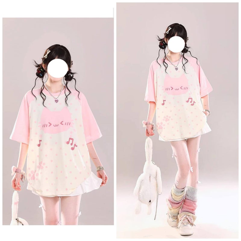 KSDDC Y2K Cutecore Kawaii Teen Shirt Coquette Harajuku Oversize Japan Cat Print Cute Tshirt Top Clothes (Pink,Small) - Image 2